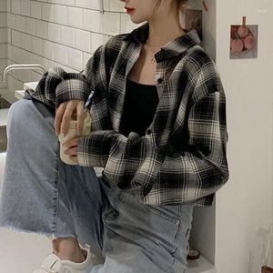 Camicette da donna Camicetta da donna Camicie scozzesi Monopetto stile coreano Streetwear Top a maniche lunghe a quadri Capispalla corto