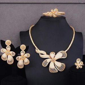 Halsbandörhängen Set Godki Luxury Flower Leaf Nigerian Choker for Women Wedding Cubic Zircon CZ Dubai Gold Bridal 2023