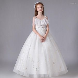 Vestidos da menina adolescentes princesa festa para casamento branco bordado aniversário vestido de baile estilingue tule elegante crianças vestido longo