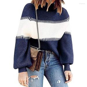 여자 스웨터 스웨터 스웨터 풀오버 하이 넥 랜턴 슬리브 캐주얼 구덩이 스트립 느슨한 겨울 옷