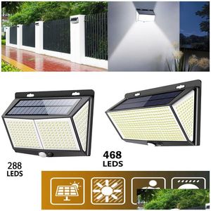 Lampade da parete per esterni Sensore di movimento solare 468 288 LED 3 modalità di illuminazione Luci wireless Ip65 Luce di sicurezza a LED lucida impermeabile Yard Pat Dhvxe