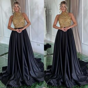 Prom Sexy Black Dresses High Collar Gold Sequins Top Evening Pleats Formal Long Special Ocn Party Dress