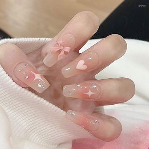 False Nails 24Pcs Long Ballet Transparent Press On Fake With Rhinestone Bow Heart Design Removable Artificial Nail Tips