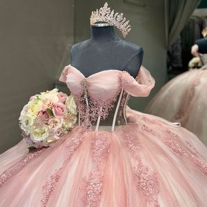 Blush Pink Off Shoulder Quinceanera Dresses Boned Lace-Up Corset Gillter Applique Princess Sweet 15 Vestidos Debutante