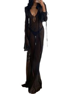 女性の水着女性Y2Kセクシーな薄いメッシュ長いドレスゴスティックスリーブボディコンvネックタイフロントサイドスプリット230914