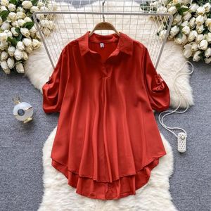 Women's Blouses Autumn Fashion Elegant Blouse For Women Turn-down Collar Short Puff Sleeve Folds Loose Shirts French Chic Female Tops