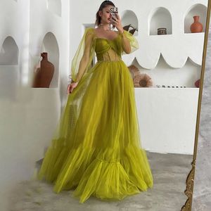 Olive Green Prom Dresses Illusion Long Sleeve Formal Party Gowns for Photo Shoot A Line Tulle Beaded Evening Dress Vestido De Noite