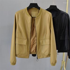 Couro feminino amarelo preto coreano em torno do pescoço curto lavado plutônio falso jaqueta casaco feminino primavera outono solto casual motociclista streetwear