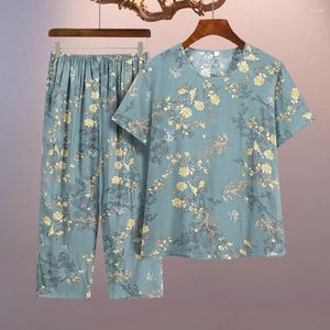 Kvinnors tvåbitar byxor blommor tryck mellanåldern mormor hemkläder set 2st kvinnor pajamas med breda benbyxor elastisk midja t-shirt