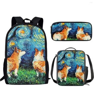 School Bags Oil Painting Style Dog Design 3 Set Bag Lightweight Backpack For Teen Boys Girl Casual Lunch Pencil Case