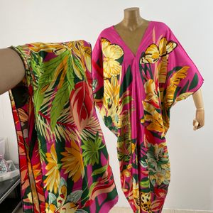 Women's Swimwear Sexy bech highquality handrolled feel silk rayon fashion print 2024 Maxi women's robes long beach Vneck Bohemian dress 230914