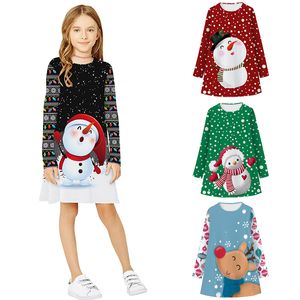 Vestidos da menina crianças ano roupas natal princesa vestidos bonito boneco de neve impressão manga longa dos desenhos animados meninas vestido adolescente criança menina vestido de natal 230914