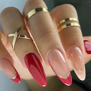 Unhas Falsas 24 pçs/caixa Longa Forma de Amêndoa Falsa Usando Glitter Vermelho Francês Com Imprensa Adesiva em Pontas de Unhas Artificiais Redondas