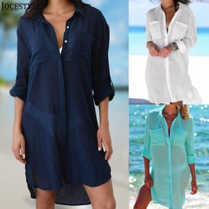 Kadınlar Mayo Bikini Örtüsü Kadınlar İçin Yaz Uzun Kollu Düz Renkli Plaj Gömlek Bluuses Casual Yakalı Boyun Cep Düğmeleri Kapak 2023 230914