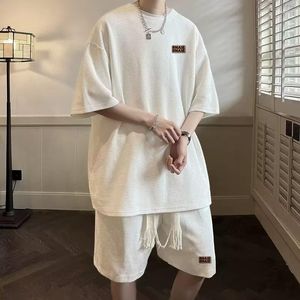 Herrspårar Summer Waffle Two Piece Set Short Sleeve T-shirt och lösa shorts Set Student Sports Fashion Suit