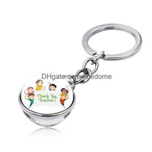 Nyckelringar tack Teatchers Day Glass Cabochon Ring Letter Teacher Ball Dubbelsidig tid Gemstone Keychain Handväska hänger Fashion Jewel DHNB2