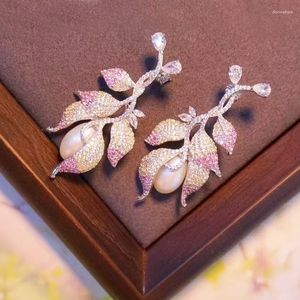 Kolczyki stadninowe liść pióra dla kobiet drobna biżuteria nocna sukienka 925sterlinga srebra z sześcienną cyrkonem