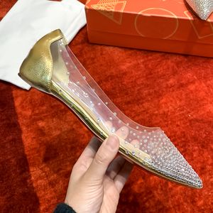 Leder Strass transparente flache Hochzeitsfeierschuhe Senior Sense spitze rote flache Schuhe Rotgold neue All-Match-Damenschuhe Größen 35-42 + Box