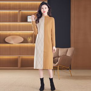 Contraste cor casual malha jumper vestidos 2023 mulheres designer manga longa elegante e juventude jacquard camisola vestido outono inverno chique magro festa senhora midi vestidos