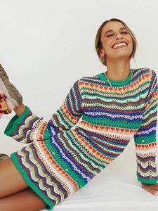 Günlük elbiseler boho çizgili örgü elbise kadınlar sonbahar uzun kollu tığ işi mini kadın moda içi boş bodycon jumper sweater