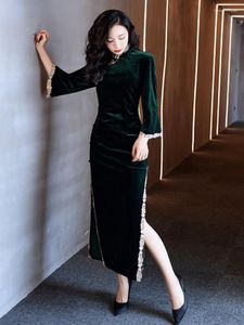 Etnik Giyim Retro Velvet Cheongsam Elbise Kadınlar Geleneksel Çin Sonbahar Şık Jacquard Dantel Düğün Qipao Zarif Gece Elbise