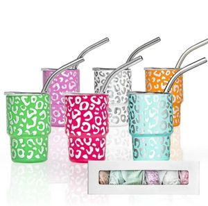 Niedliche Mini-Becher im Leoparden-Design, 2 Unzen und 3 Unzen, Schnapsglas, individuelles Logo, Mini-Becher mit Metallstrohhalm, Neu 913