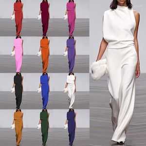Women's Two Piece Pants 2023 European And American Solid Color One Shoulder Stacked Collar Elegant Dress Set