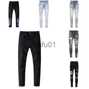 Jeans masculinos designer jeans pilha europeu rasgado jean homens bordado quilting dobra homens design motocicleta equitação legal slim calça jeans roxo para x0914