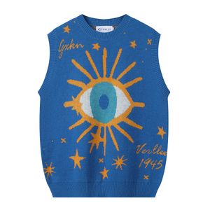 Men Blue Sweater Vest Y2K Hip Hop Knitted Eye Star Pullover Jumper Streetwear 2023 Harajuku Fashion Sleeveless Sweaters Purple