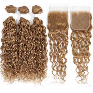 Peruvian Water Wave 3 Bundles With 4X4 Lace Frontal Free Part 10-30inch 27# Color 100% Human Hair Wefts With Closures