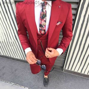 Erkekler Suits Blazers Yüksek Kalite Tek Düğmesi Kırmızı Damat Smokin Pik Yaka Erkekler Takım Düğün/Balo/Akşam Yemeği En İyi Adam Blazer (Ceket+Pantolon+Yelek+Kravat) W422 L230914