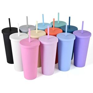 Matt färgad akrylvattenflaskor tumlar med lock och sugrör dubbel väggplastplast Cup Tumbler Boutique 12