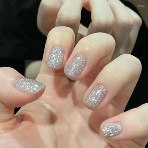 Künstliche Nägel, 24 Stück, glitzernd, kurz, rund, mit glänzendem Puder-Design, einfache vollständige Abdeckung, Nagelspitzen, tragbar, zum Aufdrücken