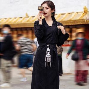 Vermelho tibete roupas senhora manga longa fino ajuste bo la vestido tibetano menina bola longo robe kangba moda tradicional dança vestido preto