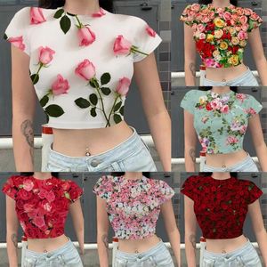 Kvinnors T-skjortor Hoxixib Summer T-shirt Hög midja Stitch Kort ärm 3D-tryck Rose Crop Top Sexig strandstil Kvinnlig kläder Rund hals