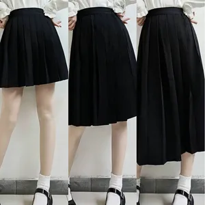 Etek Elastik Bel Japon Öğrenci Kızlar Okulu Tekdüzen Düz Renk JK Suit Pileli Etek Kısa/Orta/Uzun Yüksek Elbise