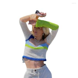 Women's T Shirts Y2K Autumn Summer Patchwork Vintage Casual Knitted Long Sleeve Crop Top Women Beach Sexy Fashion