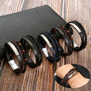 Charm Bracelets Jiayiqi Natural Stone Beads Men Bracelet Multilayer Leather Punk Jewelry Stainless Steel Magnetic Clasp Bangles