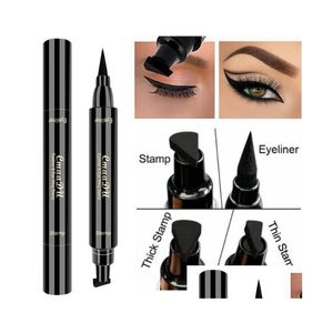 Eyeliner Double Head Stamp Wing Pen Black Liquid Eye Liner Pennor Vattentäta naturliga lätt att bära CMAADU Makeup Pencils Drop Leverans Han DHPCR