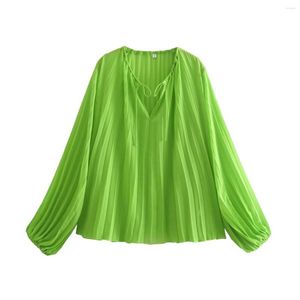 Kvinnors blusar 2023 Kvinnor Fashion Green Pleated Blue Chic Lady Long ärmar V-Neck Casual Elegant Cool Loose Summer Top Female