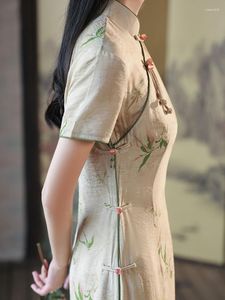 Ethnische Kleidung Yourqipao Sommer-Bambusblatt-Druck-Leinen-langes Cheongsam-elegantes beiläufiges Bankett-chinesisches Abendkleid Qipao für