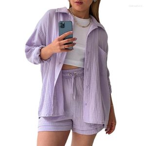 Women's Shorts 2PCS Womens Outfits Crepe Lapel Soft Long Sleeve Shirt High Waist Drawstring Oversize Fashionable Casual Suit