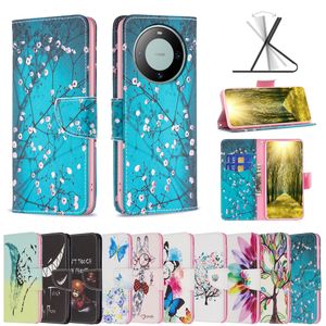 Capa carteira de couro com flor estampada para Huawei Mate 60 Pro Honor 90 Lite 60 Borboleta Elegante Floral Girassol Pena Animal ID Slot para cartão Suporte Flip Cover Bolsa