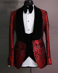 Mäns kostymer blazrar ny stil burgundy paisley brudgum tuxedos sjal lapel män affärsdräkter prom party blazer kappa (jacka+byxor+väst+slips) nr 2160 l230914