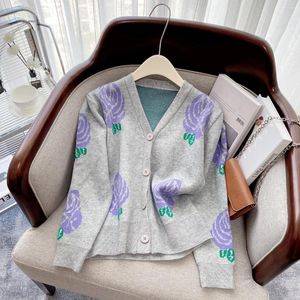 Women's Sweaters Knitted Cardigan Women Sweater Grey Crop Top Korean Fashion V-Neck Floral Clothes Soft Casual Warm Loose Coat Fall Winter