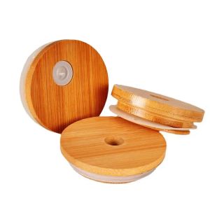 Bambusbecherdeckel 70 mm 65 mm wiederverwendbare Einmachglasdeckel aus Holz mit Strohhalmloch und Silikon-Strohhalmventil DHL-freie Lieferung 914