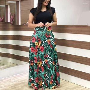 Casual Dresses Women Vintage Round Neck A-Line Summer Floral Print Patchwork Dress