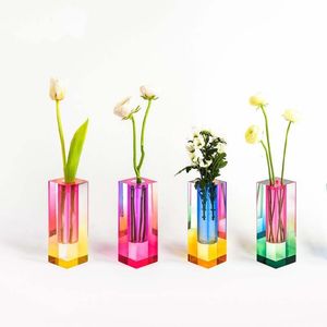 花瓶クリエイティブノルディックアクリルカラー花瓶の正方形の列ガラスの泡の花は挿入できますドライフラワー水耕贈り物230914