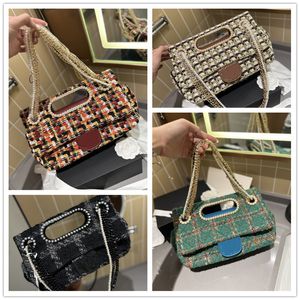 Modische Umhängetasche mit Hahnentrittmuster, CF-Karo-Tweed-Tasche, Luxus-Designer-Handtasche mit Perlenkette, kleine Clutch-Tasche, 23A-Tasche, Wollstoff, Doppelkappen-Handtasche, Umhängetasche