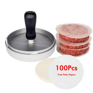 Utensili per carne e pollame Pressa per hamburger Patty Maker Stampo per hamburger in acciaio inossidabile antiaderente con 100 carte 230914